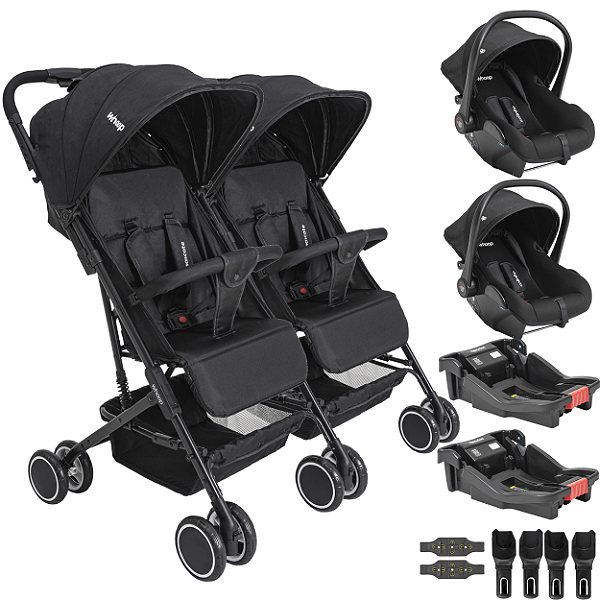 Carrinho Kiddo Gemeos 2 Bebe Conforto Colinho 2 Base Mascote Preto