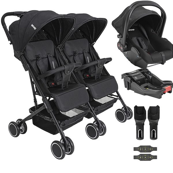 Carrinho Kiddo Gemeos com Bebe Conforto Colinho Base Mascote Preto