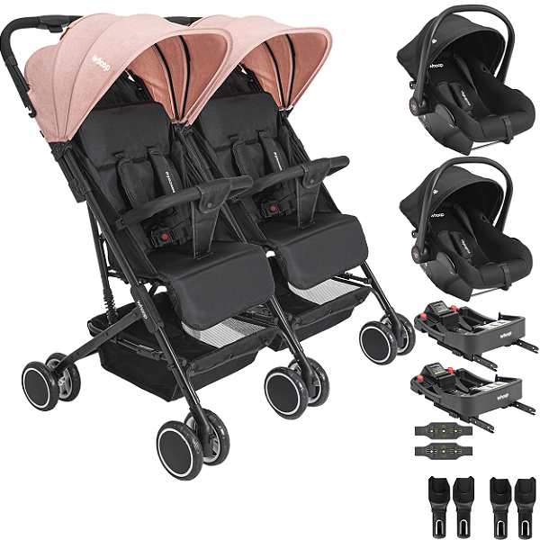 Carrinho Kiddo Gemeos 2 Bebe Conforto Colinho 2 Base ISOFIX Mascote Rosa