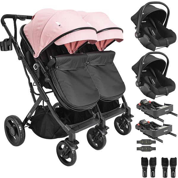 Carrinho Kiddo Gemeos 2 Bebe Conforto Colinho 2 Base ISOFIX Vox II Rosa