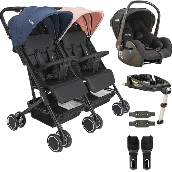 Carrinho Kiddo de Gemeos Bebe Conforto Base ISOFIX Mascote Casal