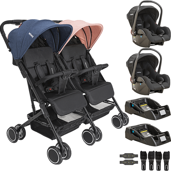 Carrinho Kiddo Gemeos com 2 Bebe Conforto 2 Base Mascote Casal