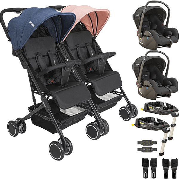 Carrinho Kiddo Gemeos 2 Bebe Conforto 2 Base ISOFIX Mascote Casal