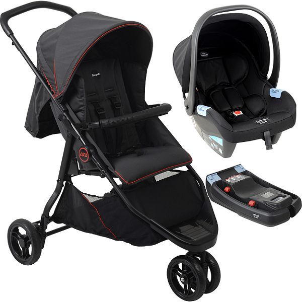 Carrinho de Bebe com Bebe Conforto Preto Base Burigotto CR3 G22 Gray Red