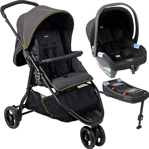 Carrinho com Bebe Conforto Preto Base ISOFIX Burigotto CR3 22 Gray Neon