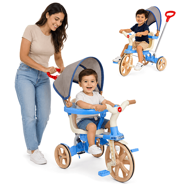 Triciclo Ciclito 2 em 1 Calesita com Pedal e Empurrador Azul