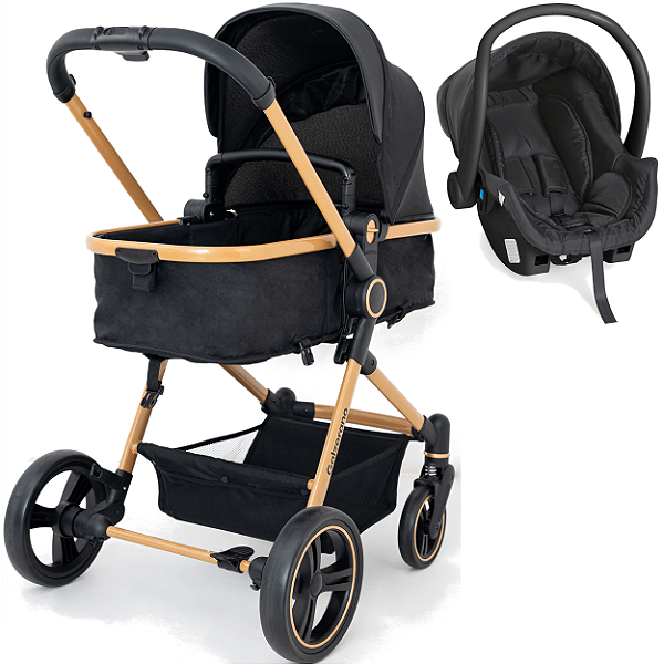 Carrinho de Bebe Moises com Bebe Cocoon Preto Galzerano Ivy Gold