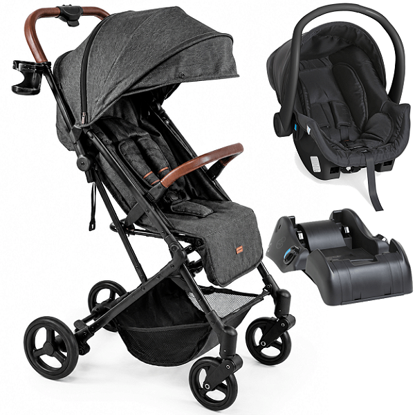 Carrinho com Bebe Conforto Cocoon Preto Base Galzerano Kira Grafite