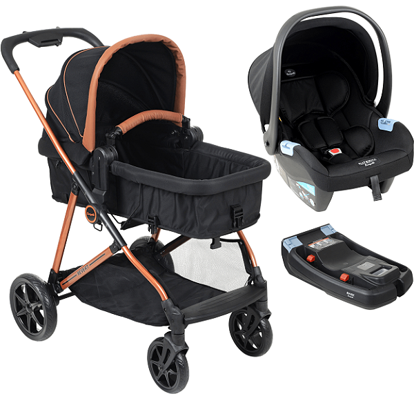 Carrinho com Bebe Materna Preto Base Burigotto Revert 22 Preto Cobre