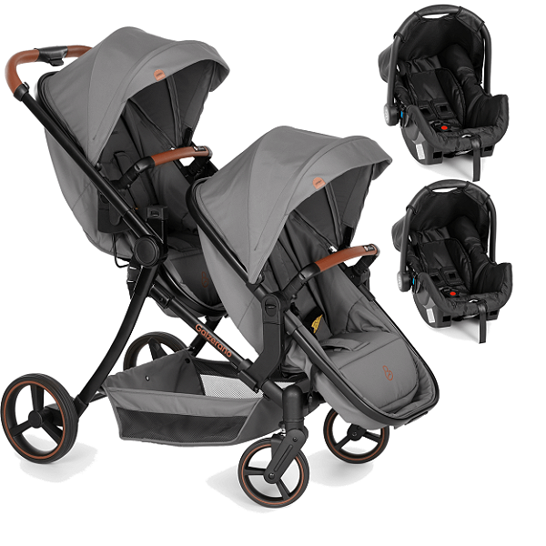 Carrinho de Bebê Gêmeos com 2 Bebê Conforto Galzerano Nix Duo Grafite