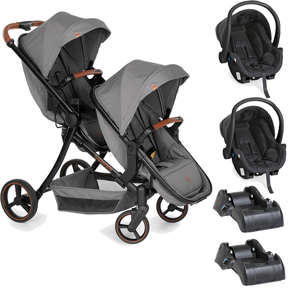 Carrinho para Gêmeos com 2 Bebê Cocoon e 2 Base Galzerano Nix Duo Grafite