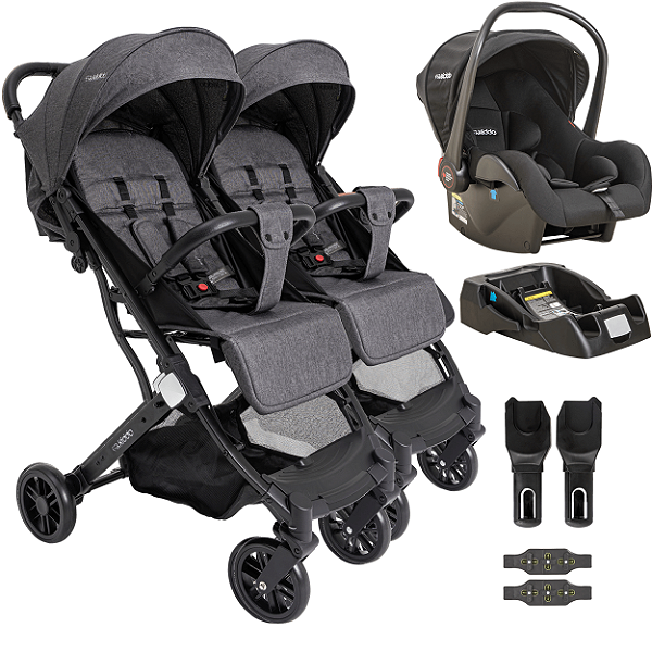 Carrinho para Gemeos com Bebe Conforto Base Kiddo Sprint III Grafite