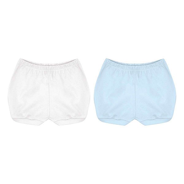 Kit com 2 Shorts Bebê 100% Algodão Suedine Branco e Azul - Kiko Baby