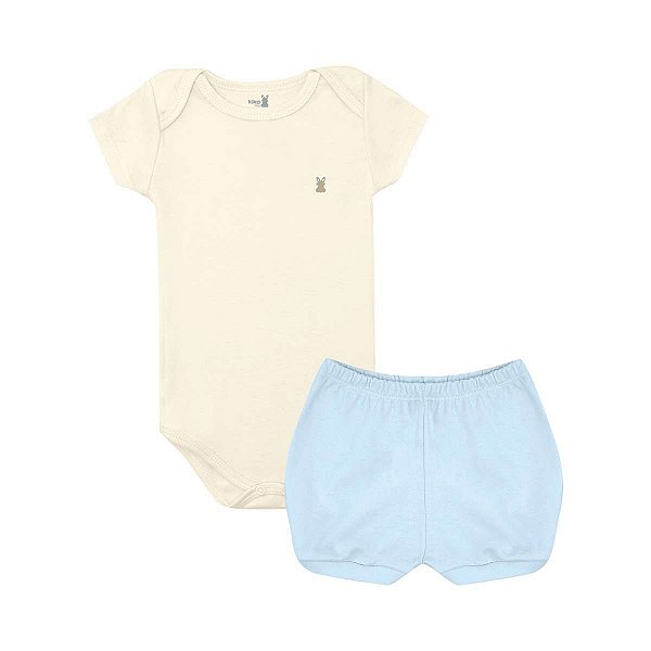 Conjunto Body Manga Curta e Short Básico Bebê 100% Suedine Off White e Azul - Kiko Baby