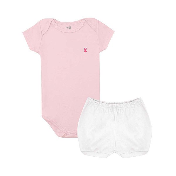 Conjunto Body Manga Curta e Short Básico Bebê 100% Suedine Rosa e Branco - Kiko Baby