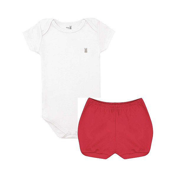 Conjunto Body Manga Curta e Short Básico Bebê 100% Suedine Branco e Vermelho - Kiko Baby