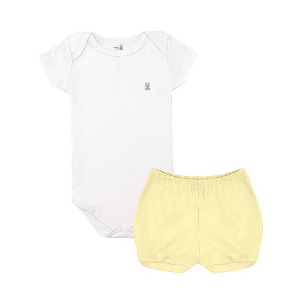Conjunto Body Manga Curta e Short Básico Bebê 100% Suedine Branco e Amarelo - Kiko Baby
