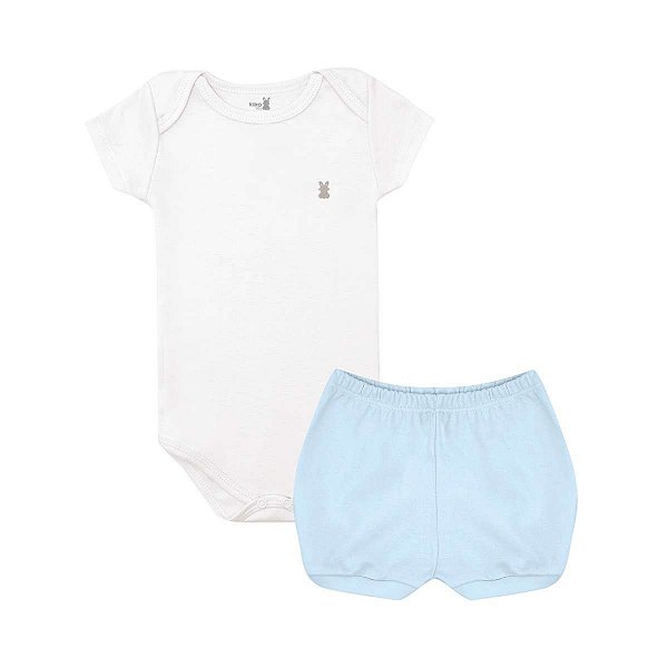 Conjunto Body Manga Curta e Short Básico Bebê 100% Suedine Branco e Azul - Kiko Baby