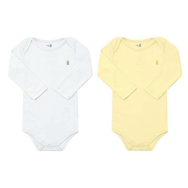 Kit com 2 Bodies Bebê Manga Longa 100% Algodão Suedine Branco e Amarelo - Kiko Baby