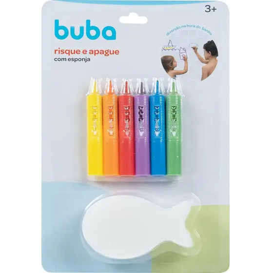 Giz de Banho Infantil Risque e Apague 6 Cores com Esponja  - Buba