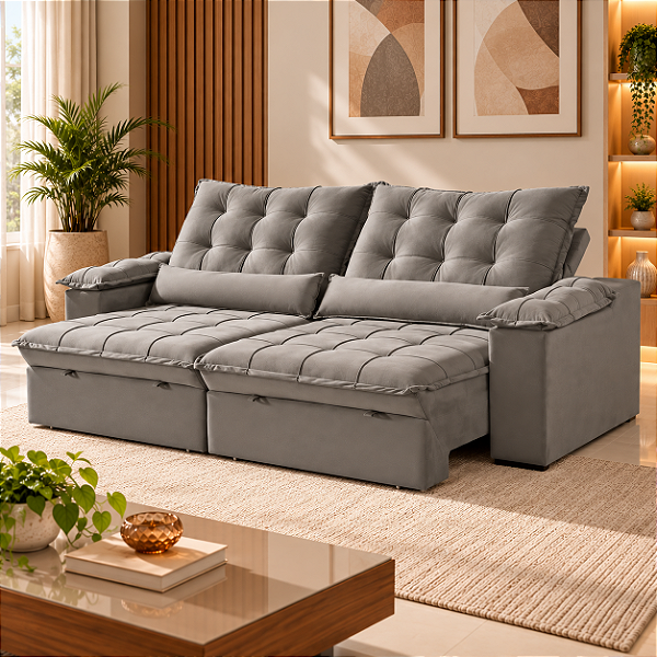 Sofá 2 Lugares Molas Ensacadas Calvin Retrátil Reclinável Veludo /Creme 2.50mt