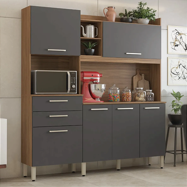 Kit Cozinha Select Demóbile Amenodola Grafito 6 portas 2 gavetas