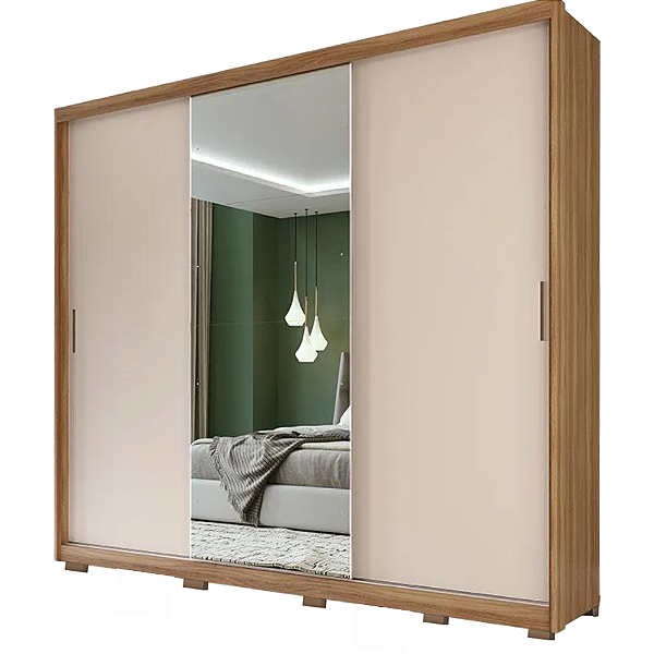 Guarda Roupa Casal Dalila MDF 3 Portas 4 Gavetas Com Espelho e Pés Demóbile Amendoa Off White