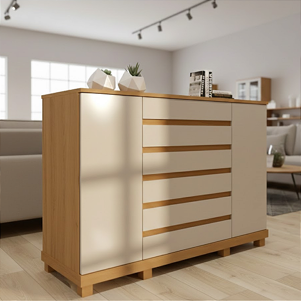 Cômoda Lopas Vedra 7 gavetas 2 portas Amendoa Clean Off White Com Pés