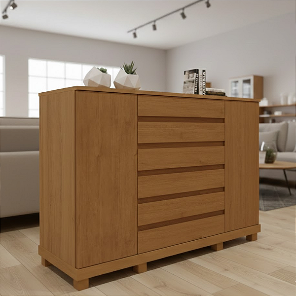 Cômoda Lopas Vedra 7 gavetas 2 portas Amendoa Clean Com Pés