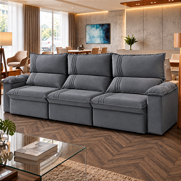 Sofá 3 Lugares Florida 2.90 Metros Retrátil Reclinável Veludo /Cinza chumbo