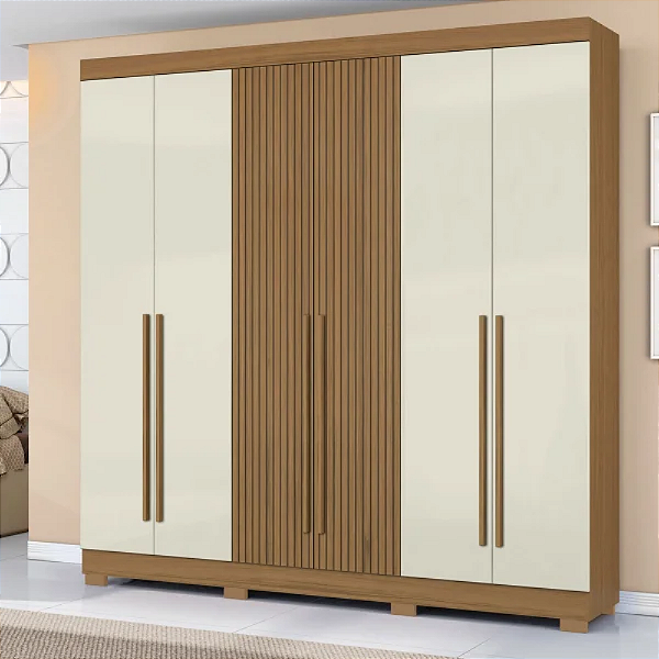 Guarda Roupa Casal 6 Portas 2 Gavetas Aramóveis Atacama Efeito Ripado cor Freijó Areia