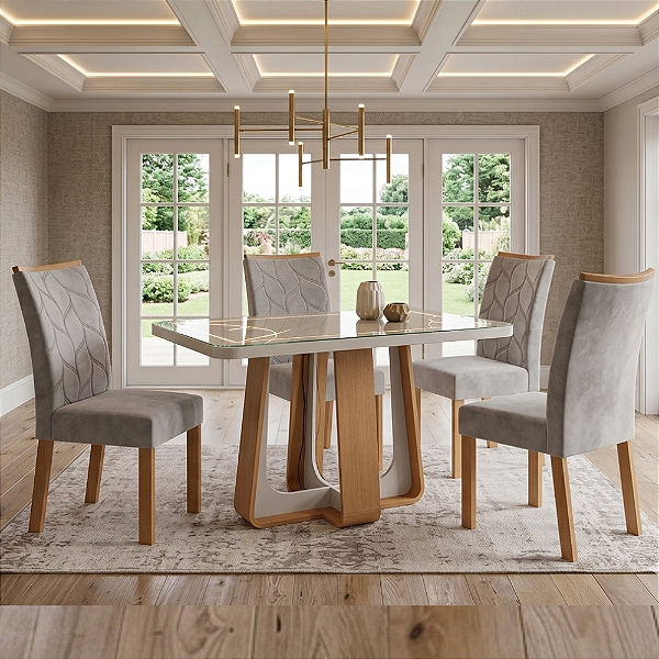Conjunto de Mesa Sintonia 4 Cadeiras Rayla Amendoa Clean Moveis Lopas