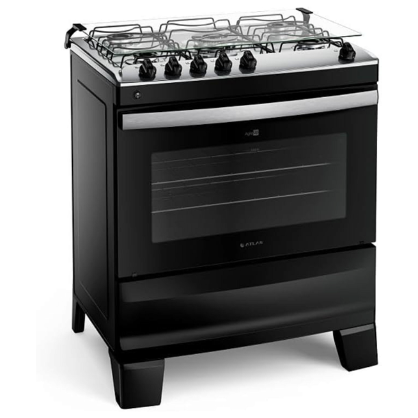Fogão Atlas Agile Inox 5 Bocas com Tripla Chama e Forno Limpa Fácil – Preto – 86,5L