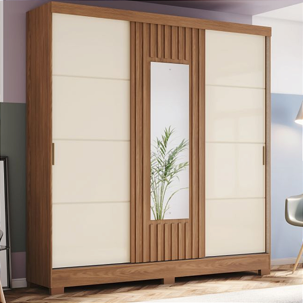 Guarda Roupa 3 Portas Deslizantes com 2 Gavetas Espelho B376 Henn Briz Natural Off White