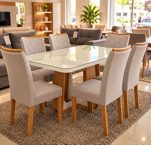 Conjunto de Mesa Sintonia 6 Cadeiras Rayla Amendoa Clean Moveis Lopas