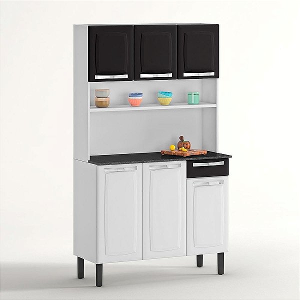 Kit Cozinha Rose Compacta Itatiaia em Aço 6 Portas 1 Gaveta Branca e preta