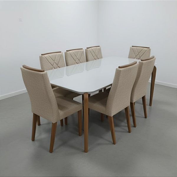 Conjunto de Mesa Donatella Província 8 Cadeiras Megan Natural com Vidro Branco 210x100 Cor Cinza