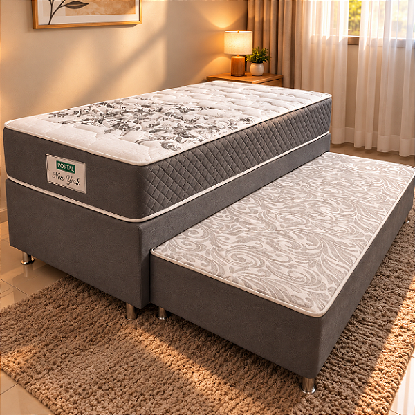 Cama Box Solteiro Bicama C/Auxiliar e Colchão Molas Ensacadas New York Portal 88x71x188 cinza