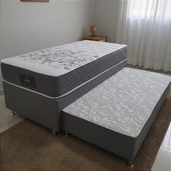 Cama Box Solteiro Bicama C/Auxiliar e Colchão Molas Ensacadas New York Portal 88x71x188 cinza