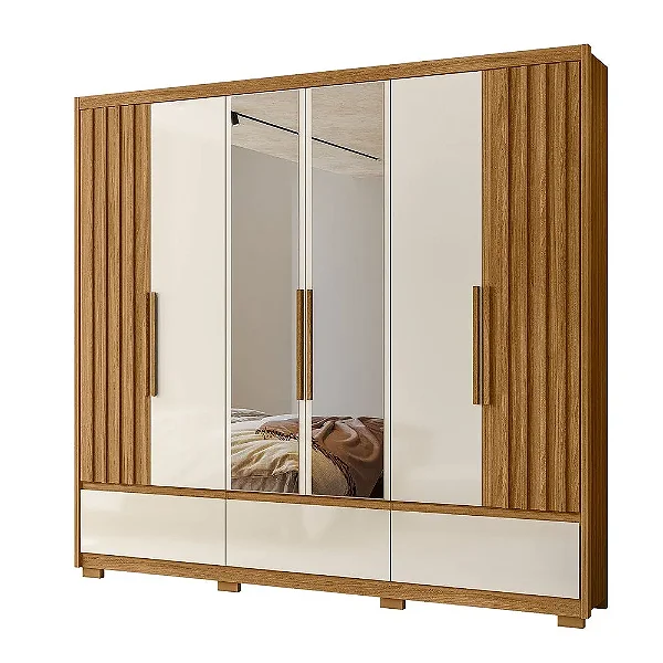 Guarda Roupa Casal Amazonas 6 Portas 5 Gavetas C/ Espelhos Moval Freijó Off White