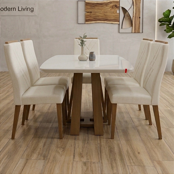 Mesa Madeira Maciça Bennet 4 Cadeiras Megan Bege Província Nature/Off White