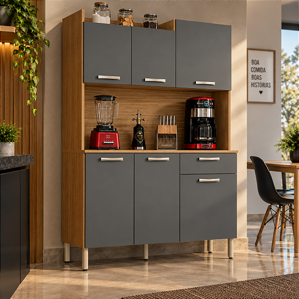 Kit Cozinha Genova kits Parana 6 portas 1 gaveta Freijó Gris