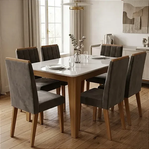 Conjunto de Mesa Suecia 6 Cadeiras Indekes Freijó Off White