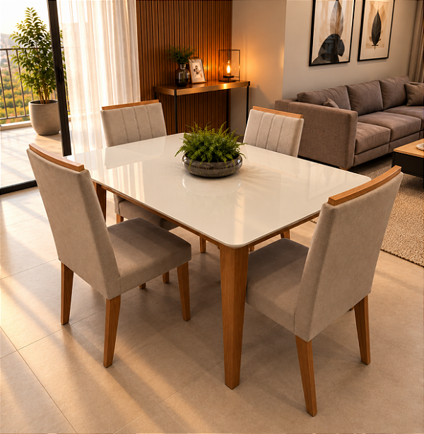 Conjunto de Mesa Suecia 4 Cadeiras Indekes Freijó Off White