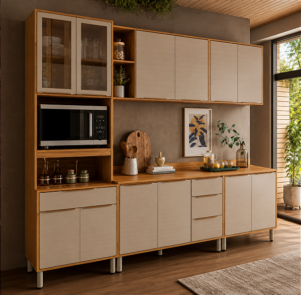 Cozinha Modulada Plena 100% MDF Demóbile Cinamon / Tx 6 Pçs 12 Portas 4 Gavetas