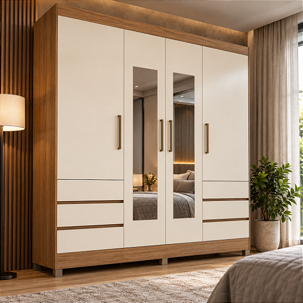 Guarda-Roupa Casal Roma 4 Portas com Espelho – Demóbile Cinamomo Off White
