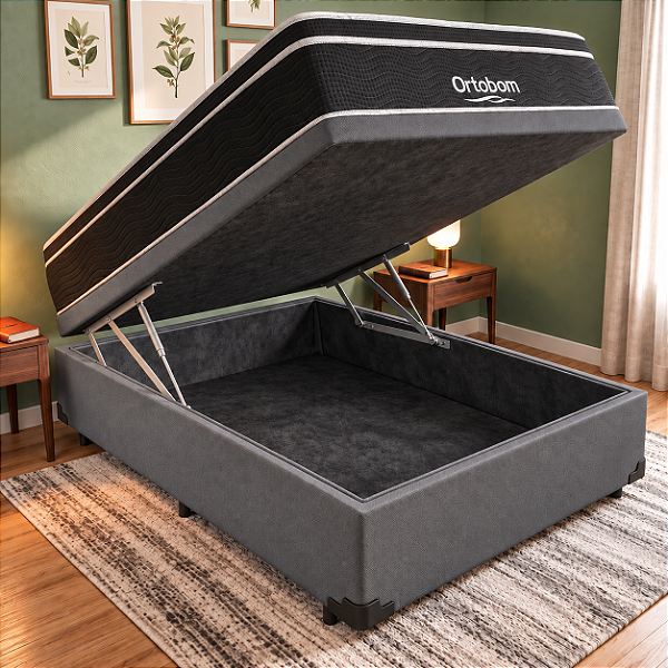 Cama Box Bau Cinza Casal com Colchão Molas Ensacadas Dream Ortobom 138x70x188
