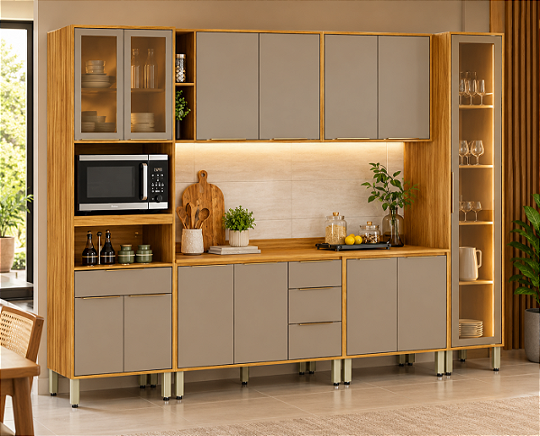 Cozinha Modulada Plena com Cristaleira reflecta com LED 100% MDF Demóbile Cinamon / Tx 7 Pçs 13 Portas 4 Gavetas