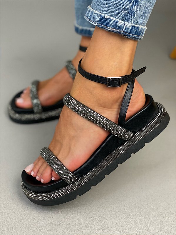 SANDÁLIA PAPETE STRASS PRETO YASMIN