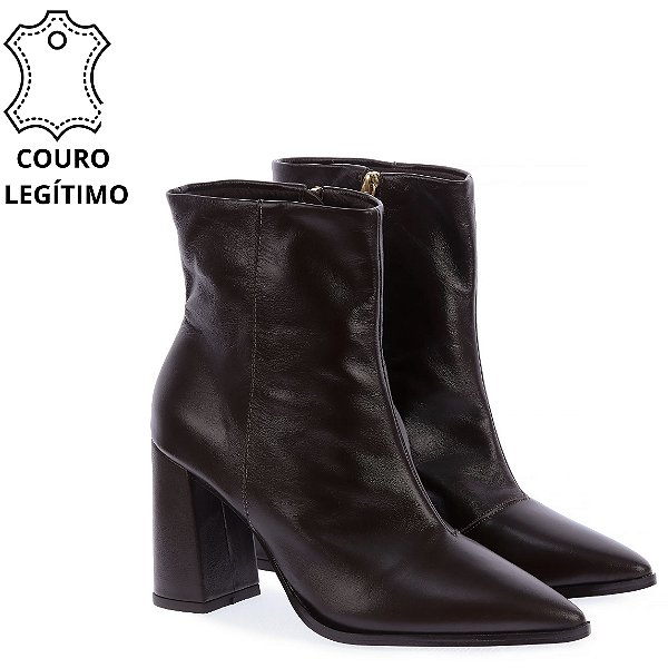 AURORA - Bota Cano Baixo e Salto Bloco em Couro Café